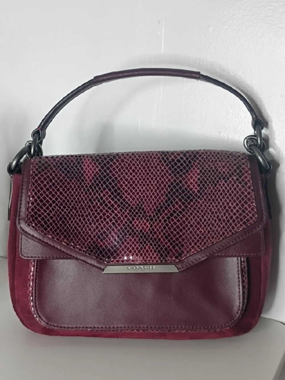 Coach Taylor Burgundy Suede & Exotic Python Flap Crossbody Bag Purse - Picture 12 of 13
